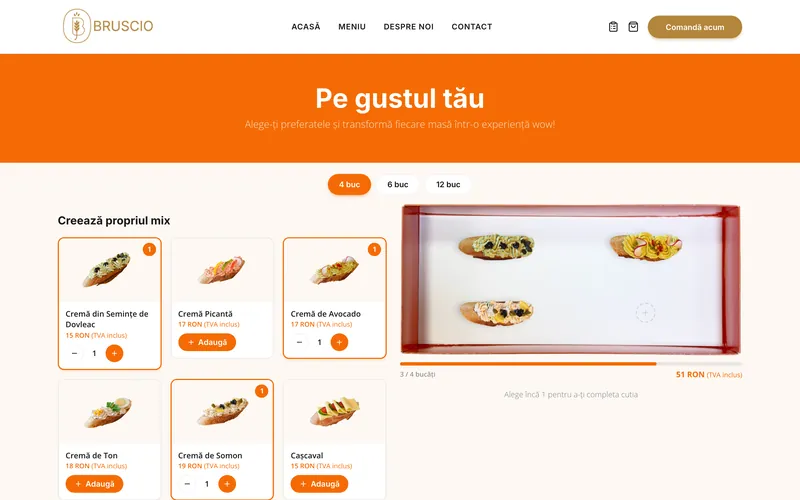 Bruscio · Build your box: Customers pick 4, 6 or 12 bruschette, watch the box fill up, then order.